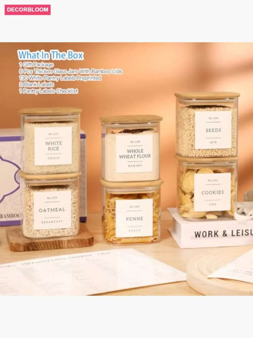 6-Pack Square Glass Pantry Storage Jars with Bamboo Lids & Labels